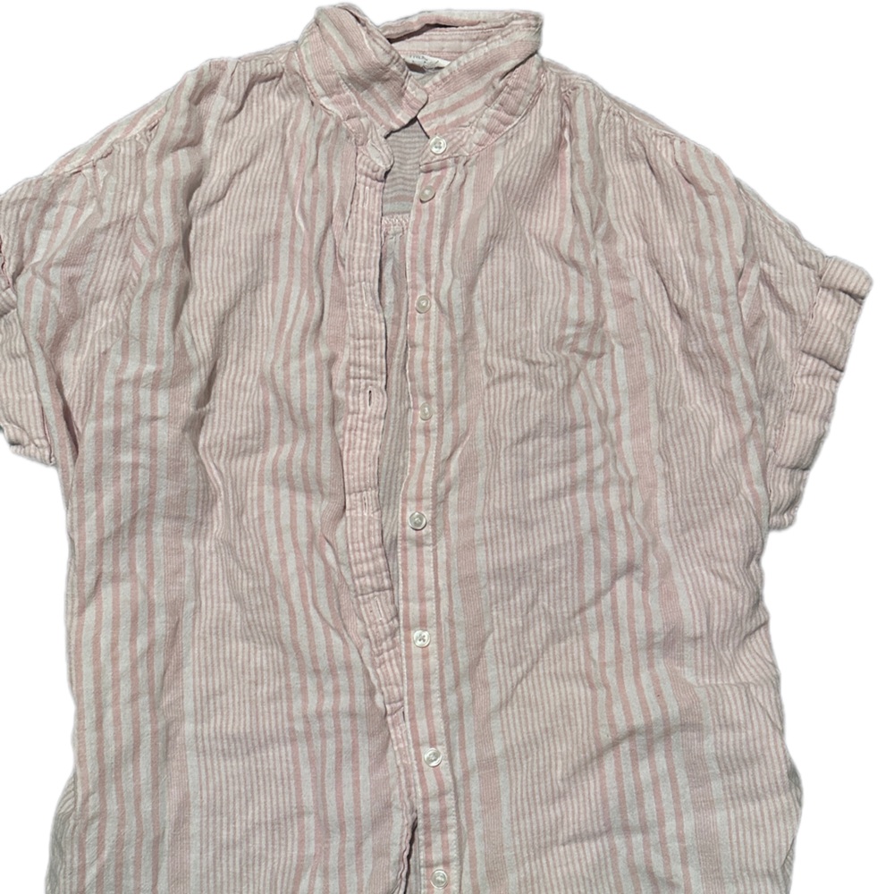 Pink and White Short Sleeve Button-Up Blouse